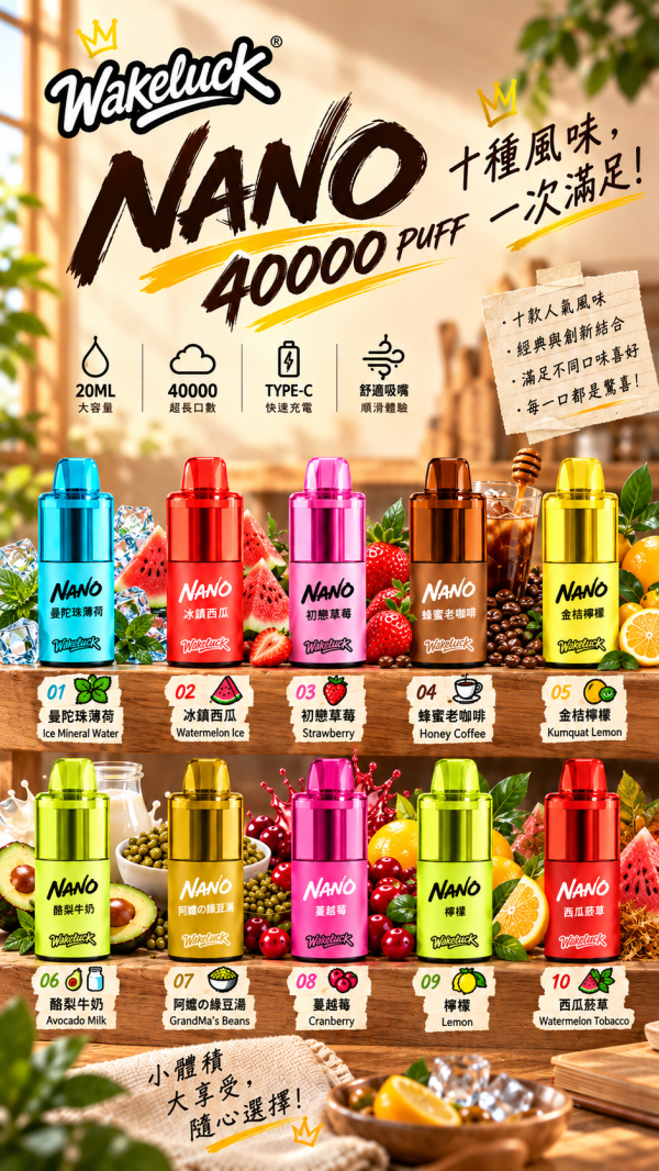 【一次性】〈超屌〉WAKELUCK NANO 40000口 一次性 主機 3% 20ML透明油倉超大容量 兩段式輸出可調 可充電