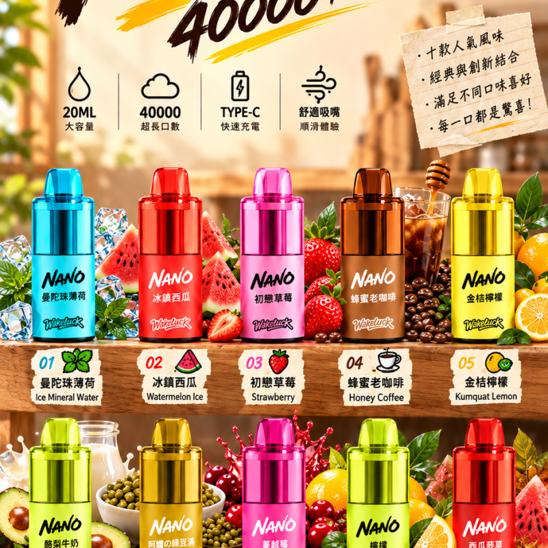 Wakeluck NANO 十種風味海報 【一次性】〈超屌〉WAKELUCK NANO 40000口 一次性 主機 3% 20ML透明油倉超大容量 兩段式輸出可調 可充電
